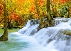 Jesień, Las, Drzewa, Kamienie, Wodospad Huai Mae Khamin, Park Narodowy Khuean Srinagarindra, Prowincja Kanchanaburi, Tajlandia