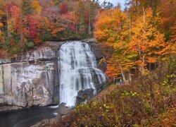 Jesień, Skały, Wodospad, Rainbow Falls, Rzeka, Kolorowe, Drzewa, Gorges State Park, Karolina Północna, Stany Zjednoczone