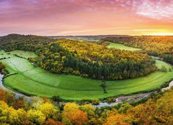 Rzeka Wye, Zakole, Drzewa, Lasy, Jesień, Wschód słońca, Forest of Dean, Anglia