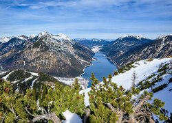 Zima, Góry, Jezioro, Achensee, Krzewy, Drzewa, Dolina, Achental, Austria