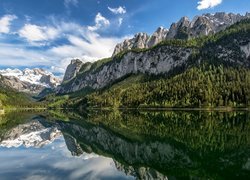 Góry Dachstein, Jezioro Gosau, Vorderer Gosausee, Drzewa, Chmury, Odbicie, Austria