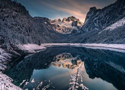 Góry Dachstein, Jezioro Gosauseen, Zima, Lasy, Drzewa, Powiat Gmunden, Gosau, Austria