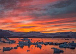 Jezioro, Jokulsarlon, Laguna lodowcowa, Zima, Zachód słońca, Islandia