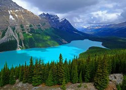 Park Narodowy Banff, Jezioro, Peyto Lake, Drzewa, Lasy, Skały, Góry, Chmury, Prowincja Alberta, Kanada