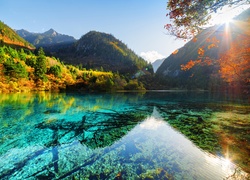 Chiny, Park Narodowy Jiuzhaigou, Jezioro Pięciu Kwiatów - Wu Hua Hai, Jesień, Góry, Las, Słońce