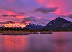 Góry, Canadian Rockies, Jezioro, Vermilion Lake, Kolorowe, Niebo, Drzewa, Odbicie, Park Narodowy Banff, Prowincja Alberta, Kanada