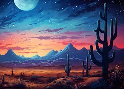 Kaktusy i rozświetlone księżycem góry