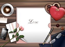 Serce, Róża, Miłość, Love, Kawa, Telefon, Okulary, Kartka, 2D