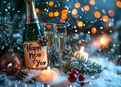 Kieliszki i świece na śniegu obok butelki szampana z napisem Happy New Year