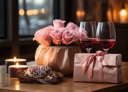 Kieliszki z winem obok róż i prezentu