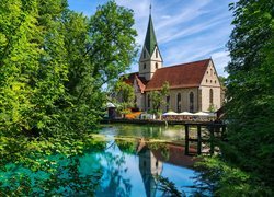 Kościół, Klasztor, Staw, Drzewa, Blaubeuren, Badenia-Wirtembergia, Niemcy