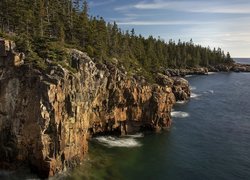 Morze, Skały, Klif, Ravens Nest, Drzewa, Las, Park Narodowy Acadia, Maine, Stany Zjednoczone