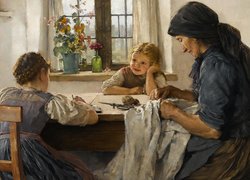 Kobieta i dzieci przy stole na obrazie Maxa Hammerla