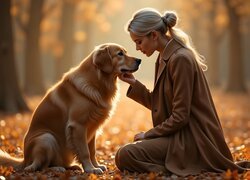 Kobieta, Blondynka, Płaszcz, Pies, Golden retriever, Jesień