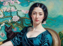 Kobieta, Kot, Fotel, Kwiaty, Gałązki, Grafika AI