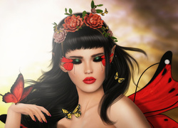 Fantasy, Kobieta, Kwiaty, Motylki