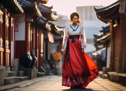 Kobieta idąca ulicą ubrana w hanbok