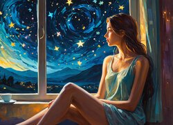 Kobieta, Okno, Noc, Gwiazdy, Niebo