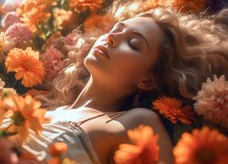 Kobieta śpiąca na kwiatach w grafice 2D