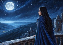Kobieta, Noc, Zamek, Taras, Księżyc, Niebo, Grafika