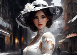 Kobieta w białym stroju i w kapeluszu z kwiatkiem