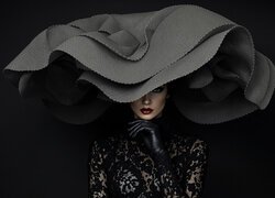 Kobieta, Kapelusz, Koronkowa, Czarna, Bluzka, Rękawiczki