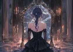 Grafika, Kobieta, Suknia, Czarna, Lustro, Pęknięte, Świeczniki