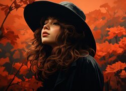 Kobieta w czarnym kapeluszu w jesiennej scenerii