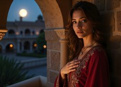 Kobieta, Czerwona, Bluzka, Mur