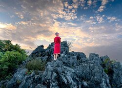 Skały, Kobieta, Czerwona, Sukienka