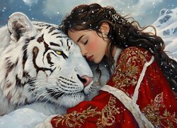 Kobieta, Czerwone, Ubranie, Biały, Tygrys, Śnieg, Grafika