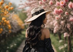 Kobieta w kapeluszu w różanym ogrodzie