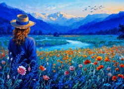 Kobieta, Kapelusz, Kwiaty, Łąka, Rzeka, Góry, Grafika AI