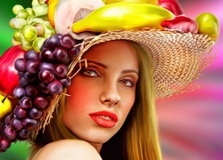 Kobieta w kapeluszu z owocami w grafice 2D