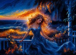 Kobieta w niebieskiej sukni na tarasie nad morzem