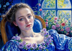 Grafika AI, Kobieta, Suknia, Niebieska, Kwiaty, Okno
