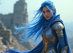 Kobieta, Zbroja, Niebieskie, Włosy