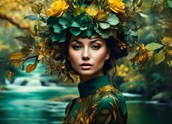 Kobieta, Zielona, Bluzka, Nakrycie, Głowy, Liście, Kwiaty