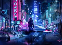 Gra, Cyberpunk 2077, Kobieta, Broń, Miasto, Samochody, Roboty, Noc