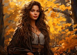 Młoda, Kobieta, Kręcone, Włosy, Jesień, Las, Grafika AI