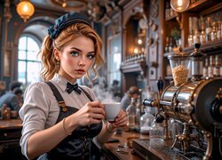 Kobieta, Filiżanka, Kawa, Kawiarnia