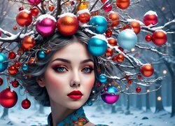 Kobieta, Twarz, Gałązki, Bombki