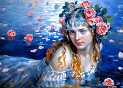 Grafika, Kobieta, Kwiaty, Woda