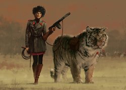 Kobieta, Broń, Pistolet maszynowy PPSz, Tygrys, Digital Art