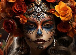 Kobieta, Twarz, Kwiaty, Bodypainting, AI