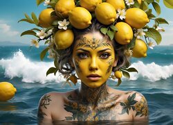 Kobieta z tatuażem i cytrynami na głowie