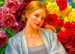 Kobieta, Czerwone, Żółte, Kwiaty, Grafika AI