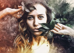 Kobieta zasłaniajaca twarz liśćmi w grafice fractalius