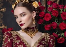 Kobieta ze złotym naszyjnikiem i kolczykami na tle czerwonych róż