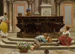 Malarstwo, Obraz, Antonio Ermolao Paoletti, Wenecja, Dziedziniec Pałacu Dożów, Studnia, Kobiety, Dzieci